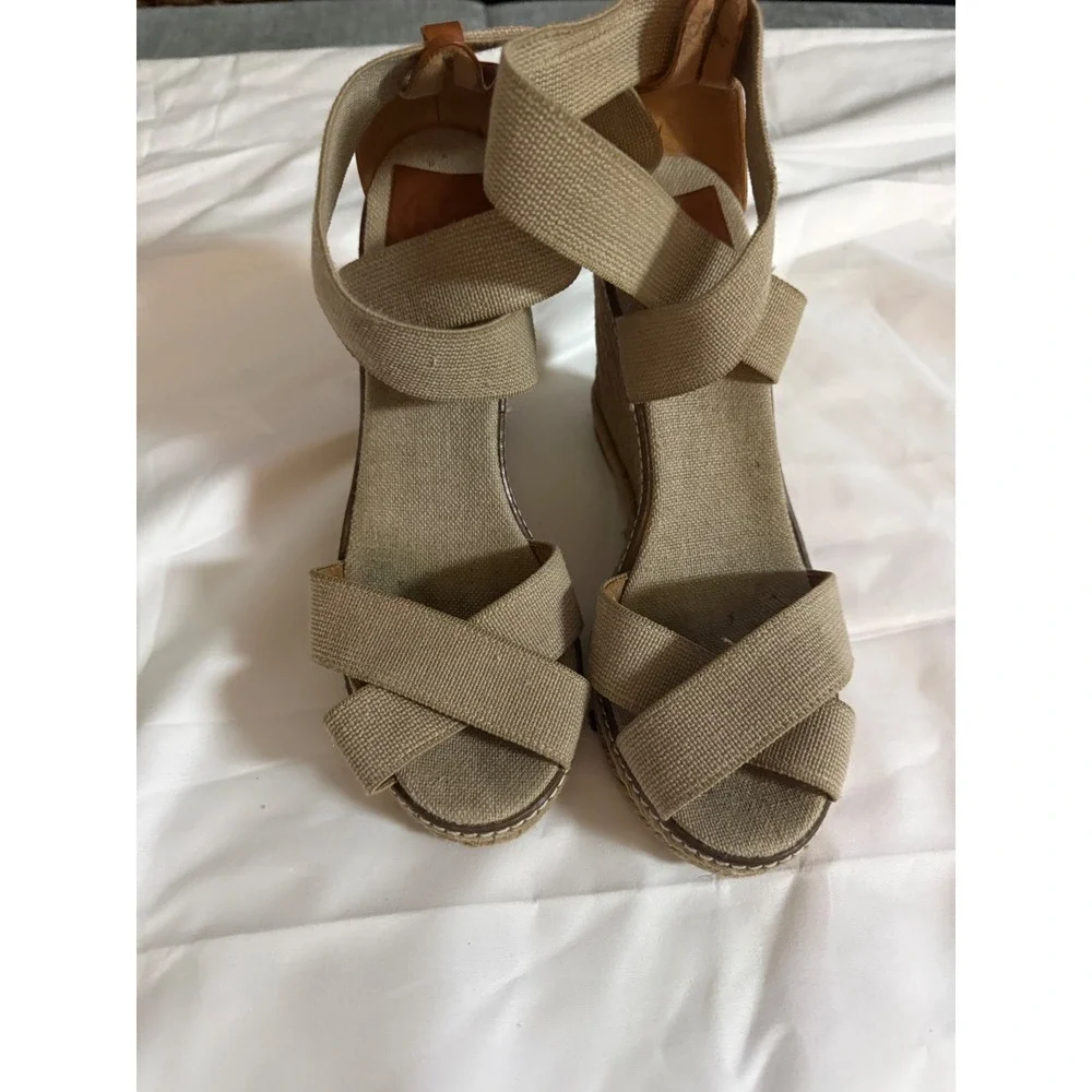 Tory Burch Frieda Espadrille Wedge Sandals Tan Canvas Leather Logo Womens 9